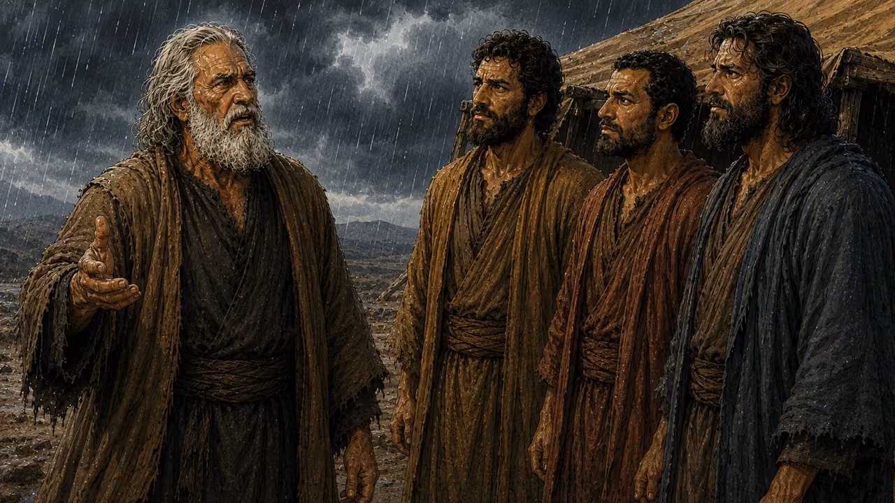 Older Noah addressing his sons outside the tent with grave expression.