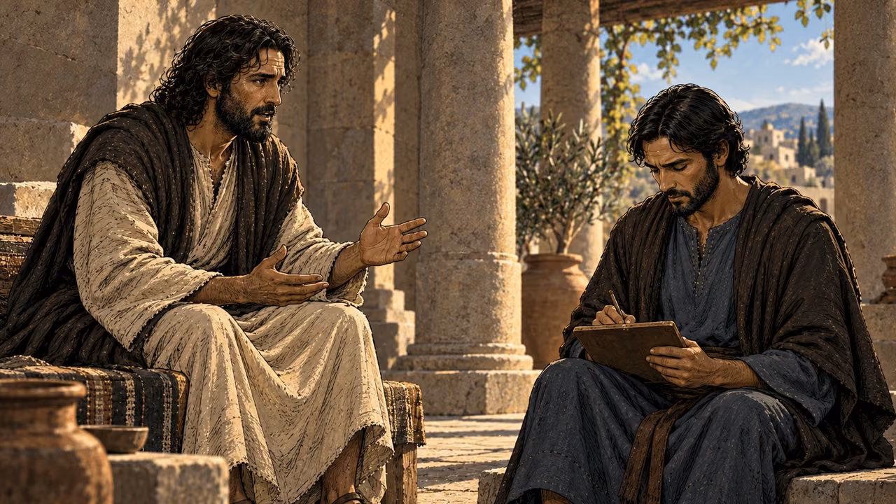 Jesus speaks in a stone portico while Thomas writes on a wax tablet.