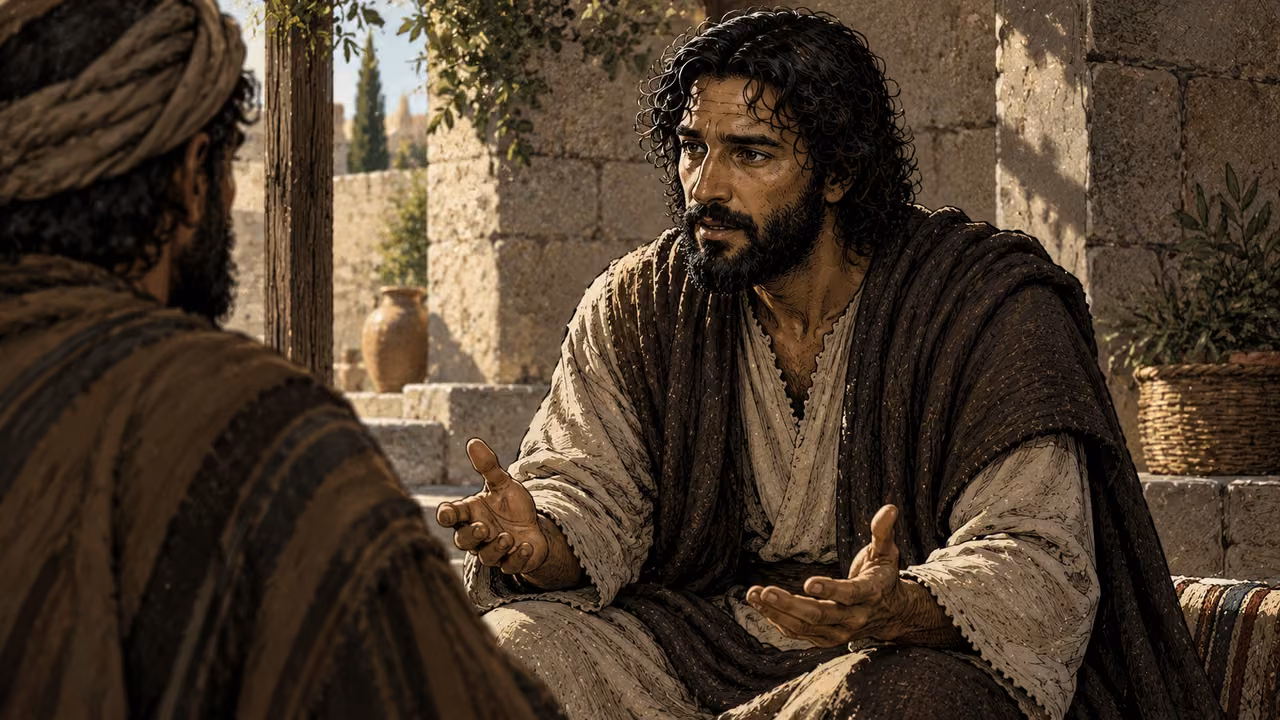 Jesus speaks with open hands to a listener in a shaded stone courtyard.