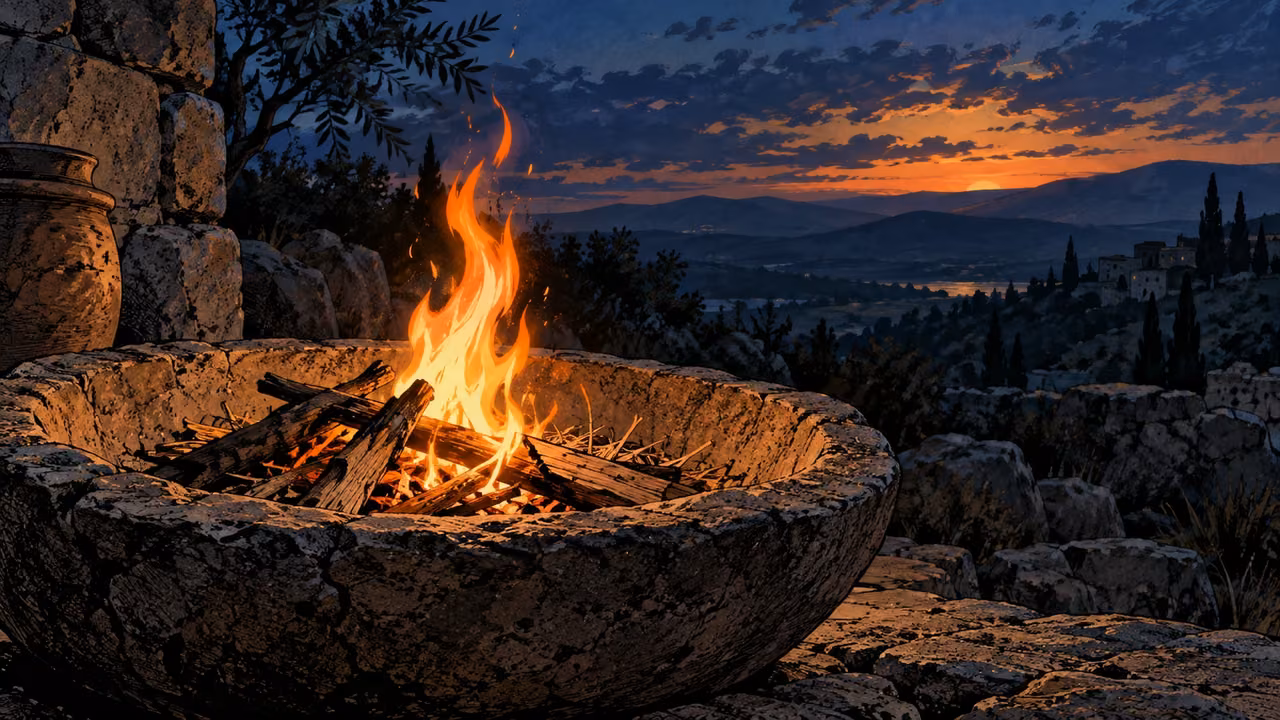 A contained flame rises from kindling in a stone fire basin at dusk.