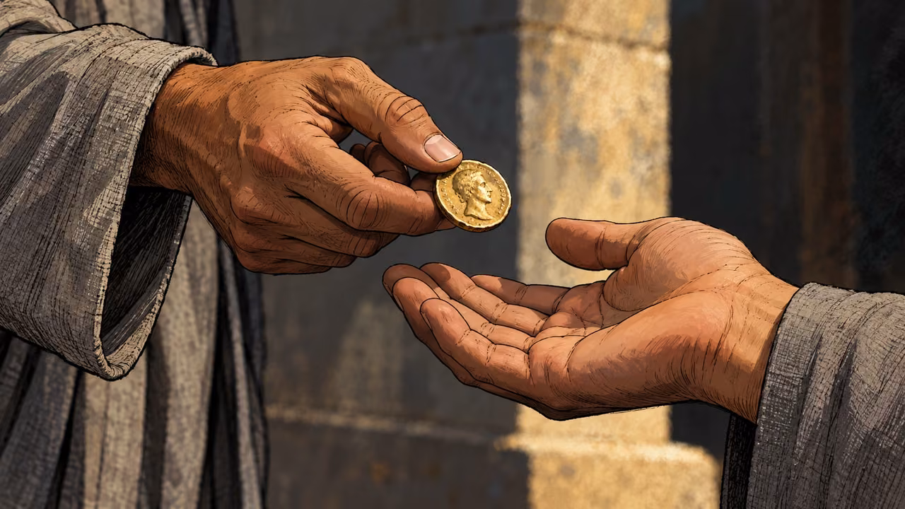 Hands present a single worn gold coin.