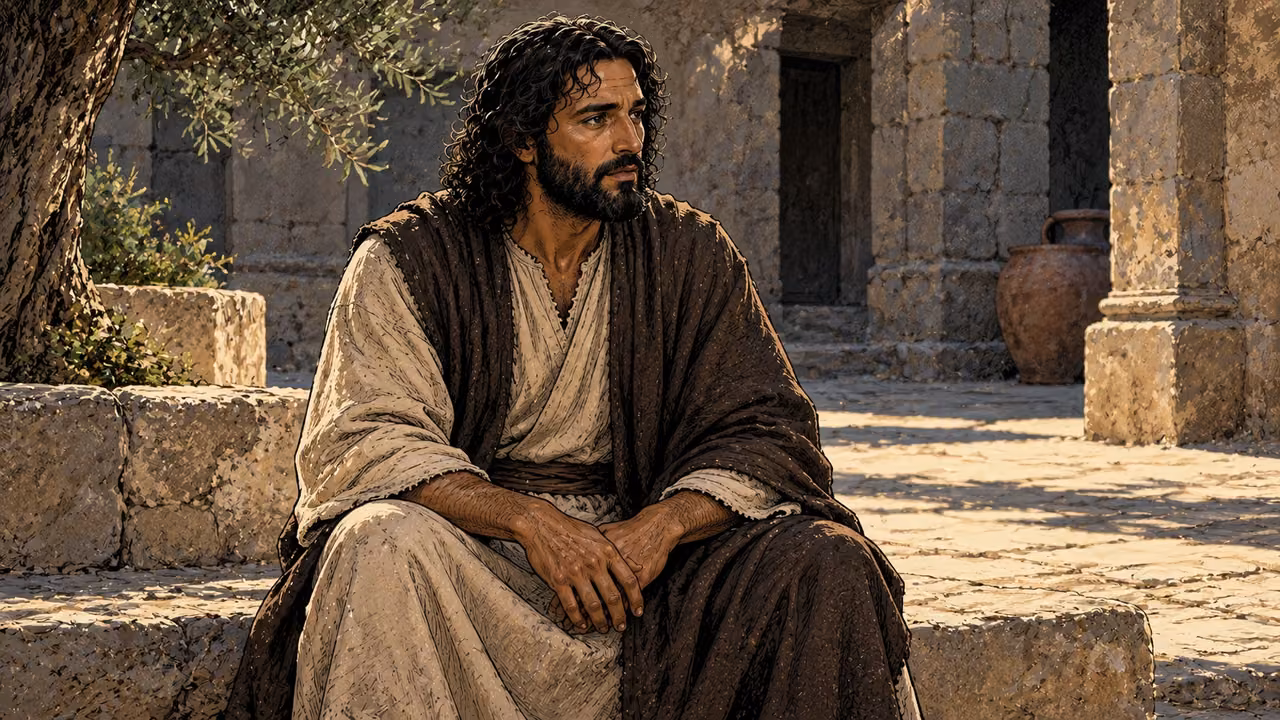 Jesus teaches alone in a plain stone courtyard.
