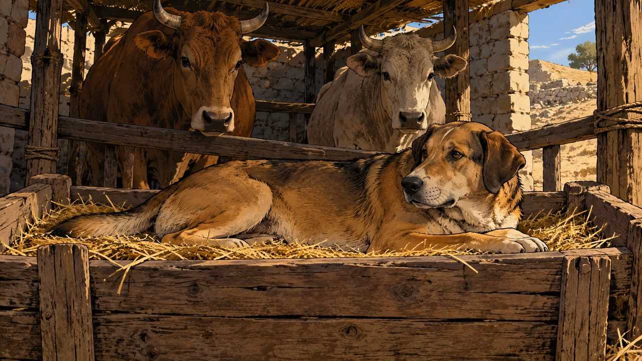 A dog lies across a hay-filled manger while cattle wait beyond.