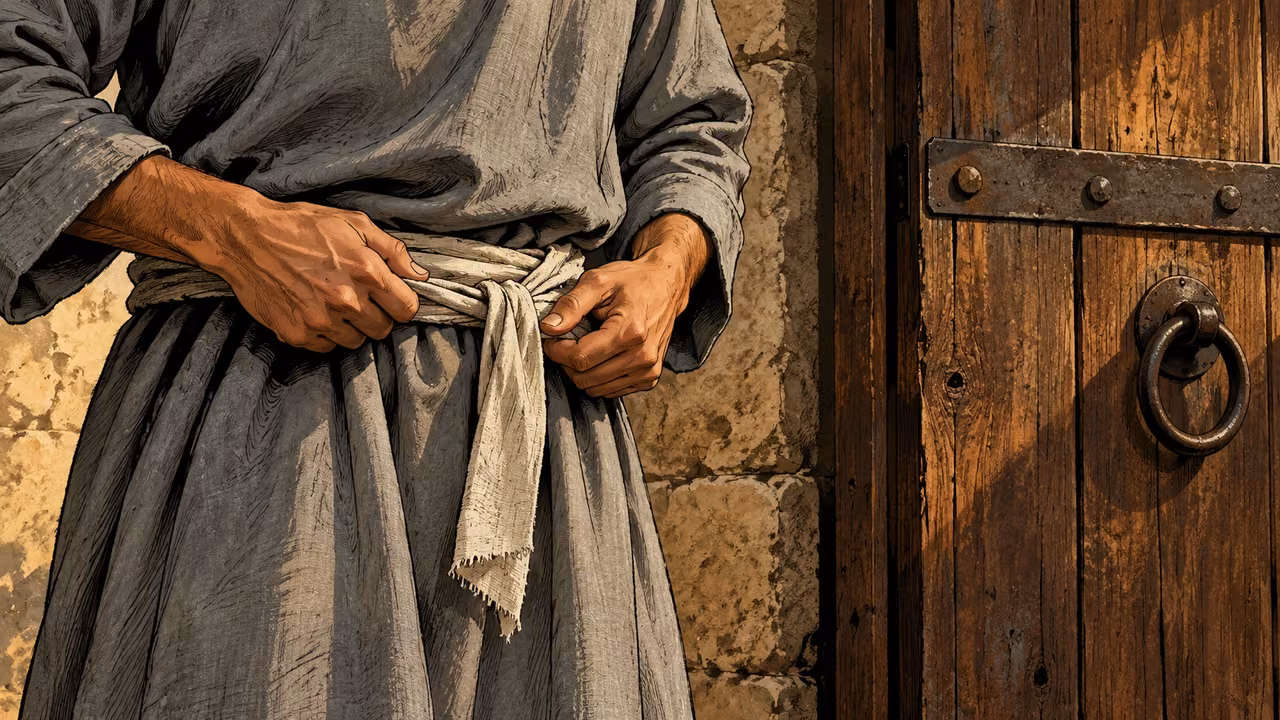 Hands tighten a cloth belt beside an intact closed door.