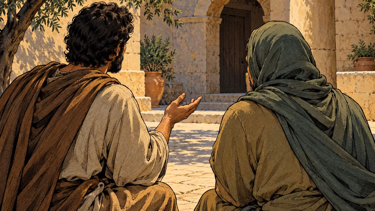 Listeners address an unseen speaker in a courtyard.