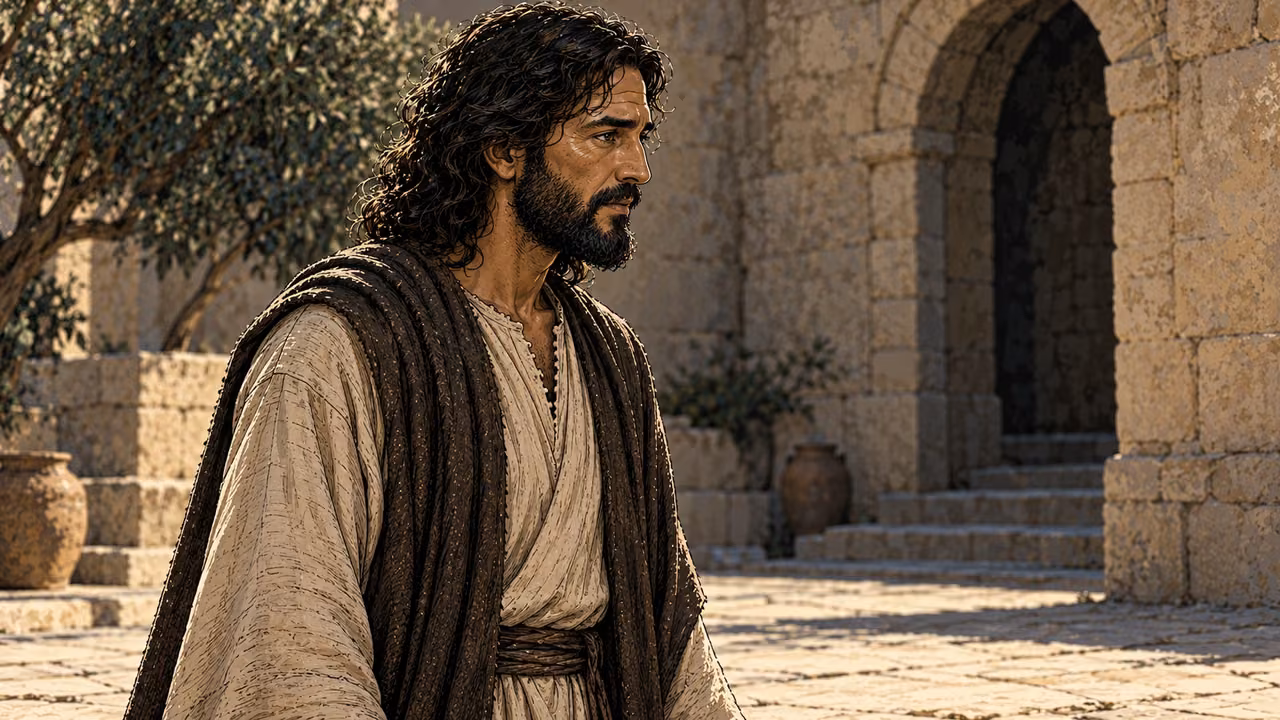 Jesus teaches alone in a plain stone courtyard.