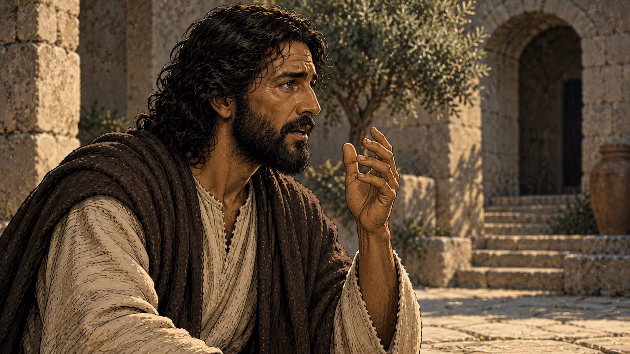 Jesus teaches alone in a plain stone courtyard.