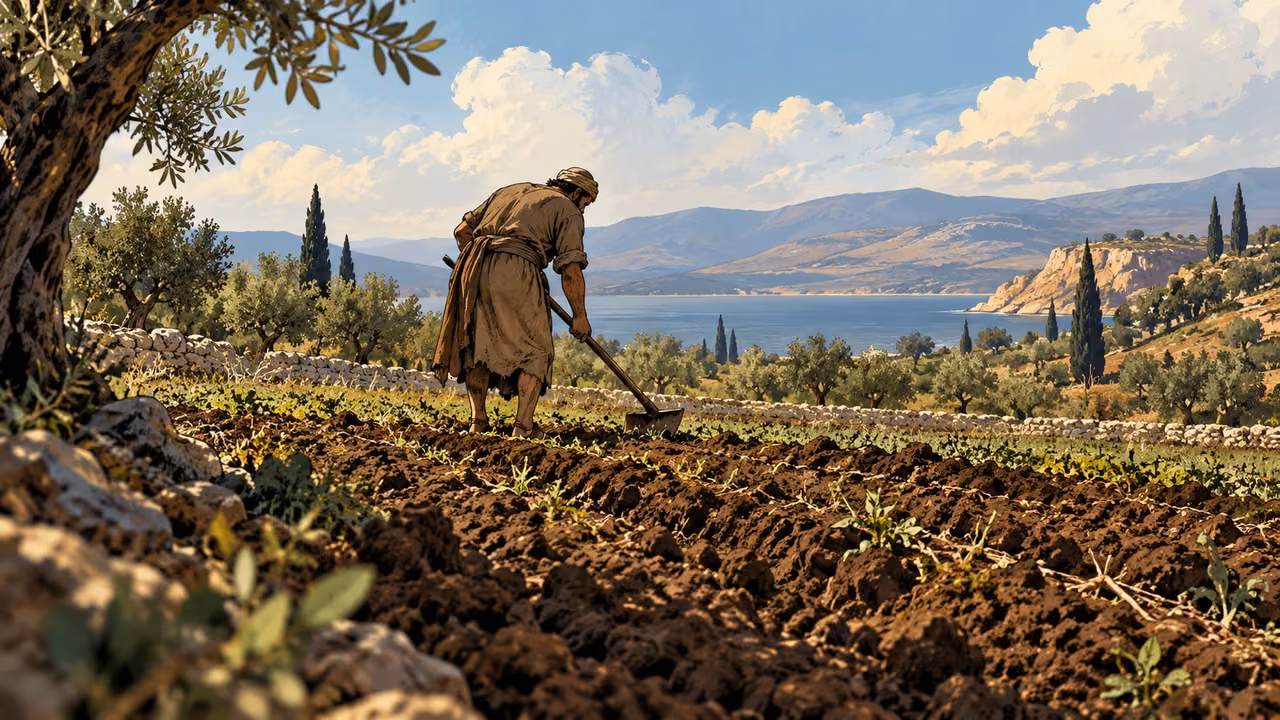 An adult tends an ordinary field with no treasure visible.