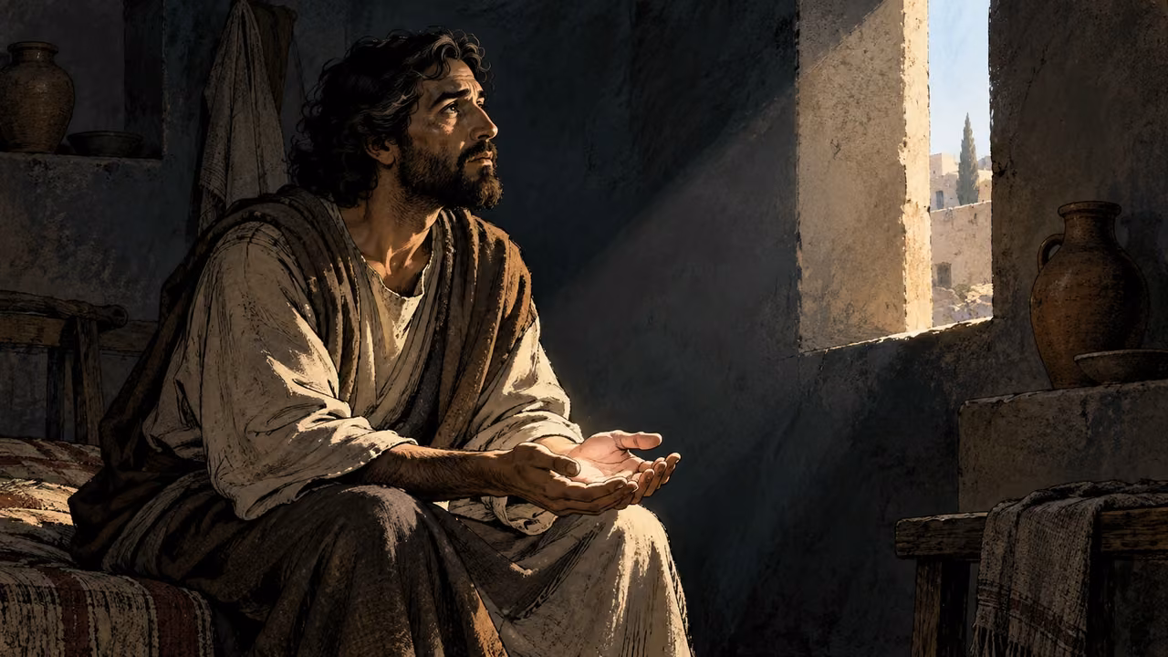An adult sits in shadow with empty hands illuminated by a natural window beam.