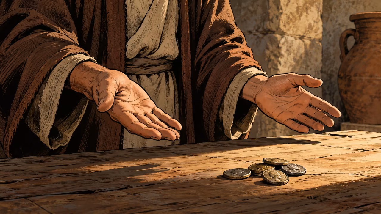 Open hands withdraw from coins left on a plain table.