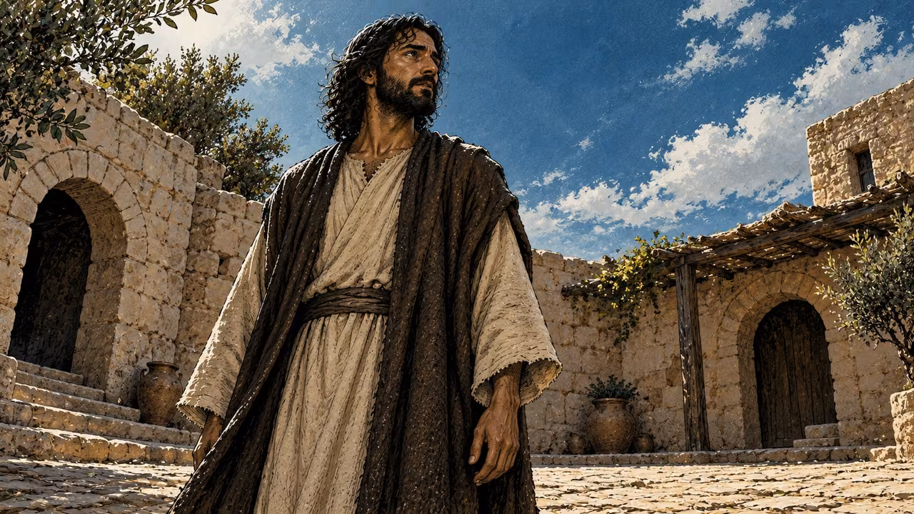 Jesus teaches alone in a plain stone courtyard.