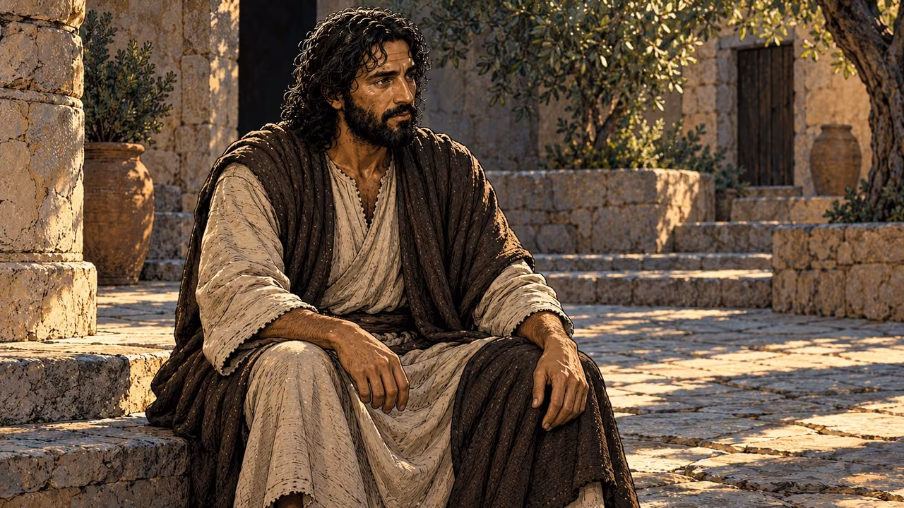 Jesus teaches alone in a plain stone courtyard.