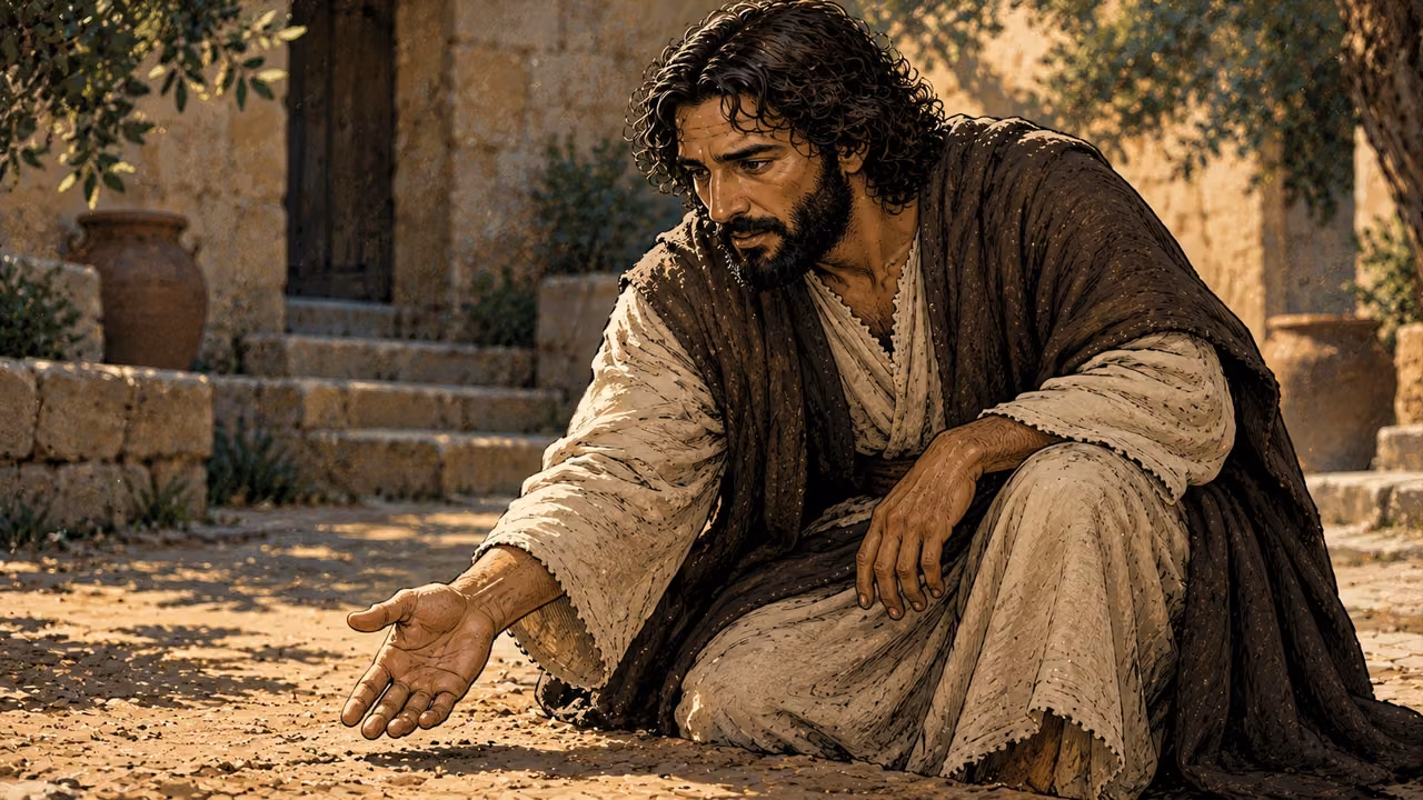 Jesus gestures toward ordinary earth in a quiet courtyard.