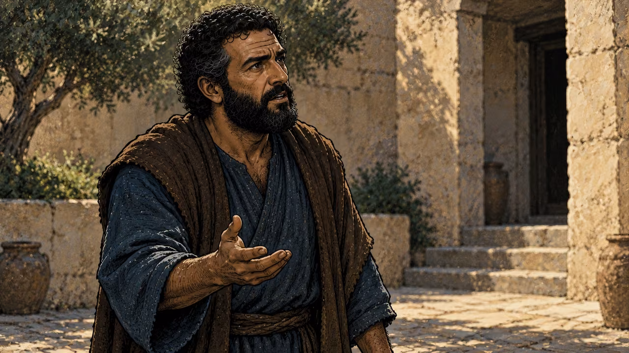 Peter speaks alone in a plain courtyard.