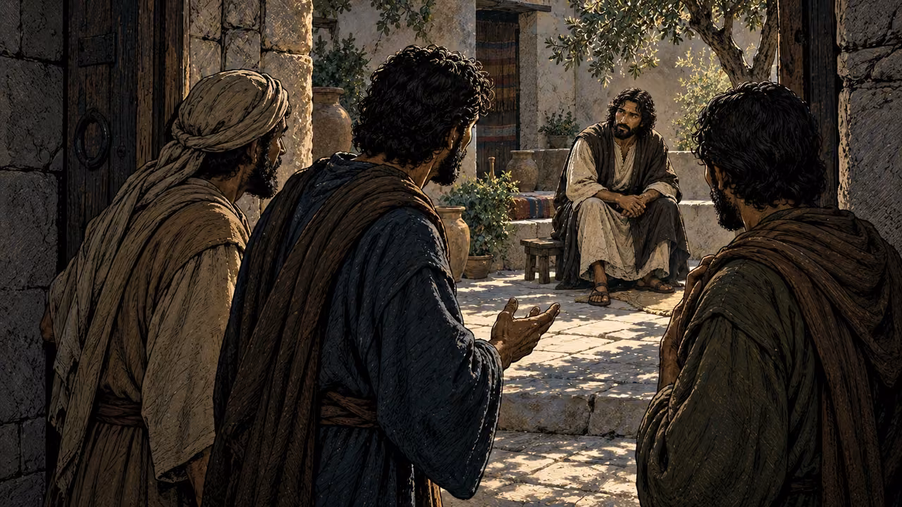 Disciples turn from a doorway to question Jesus seated across a courtyard.