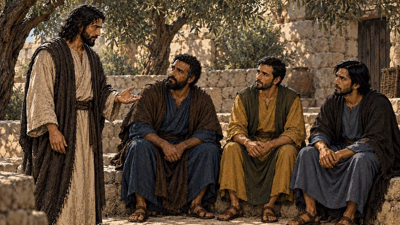 Jesus addresses Peter, Matthew, and Thomas in an olive-shaded enclosure.