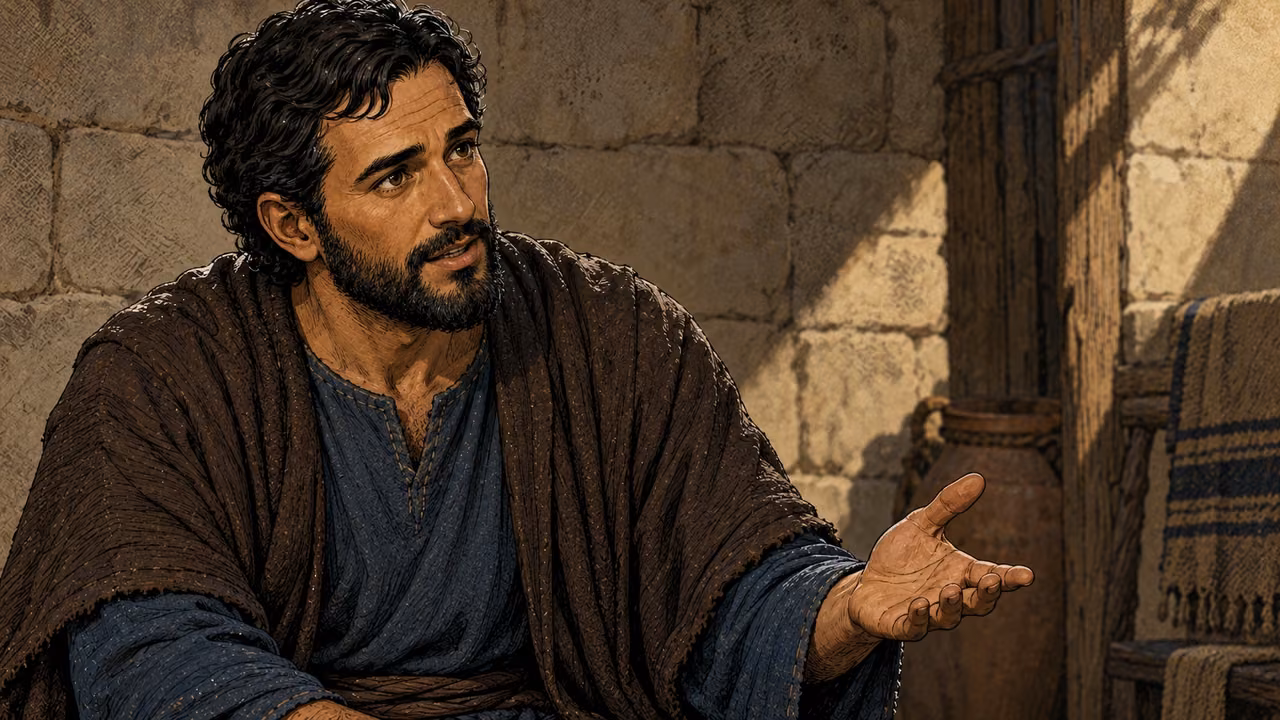 Peter speaks with an open hand beside the shaded stone wall.