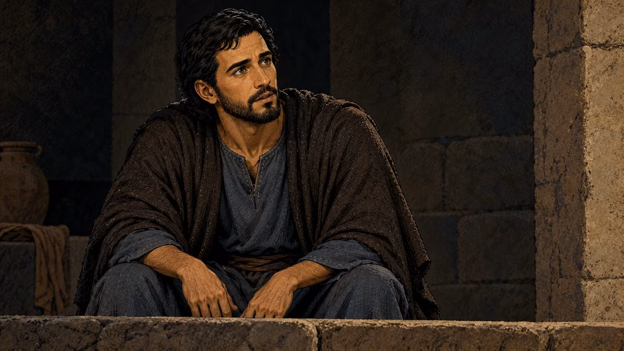 Thomas leans forward, searching for words with his hands resting on his knees.