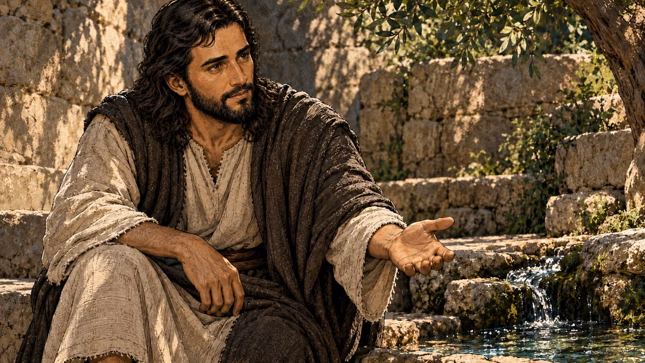 Jesus responds beside an ordinary trickle of water among stones.