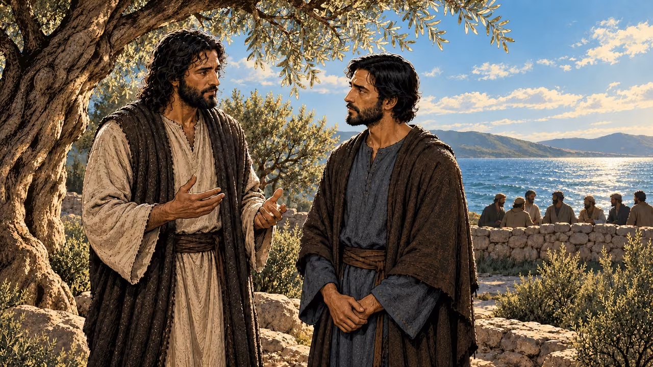 Jesus speaks quietly with Thomas apart from distant companions.