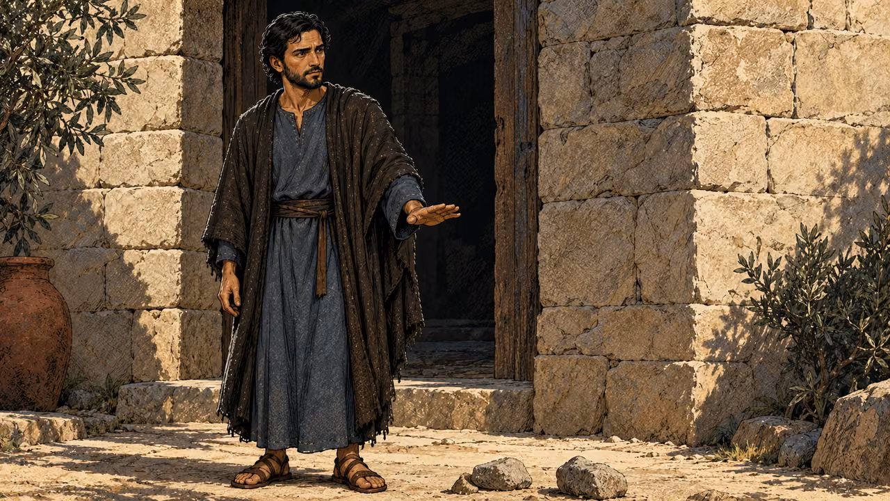 Thomas speaks cautiously above ordinary stones lying motionless on the ground.