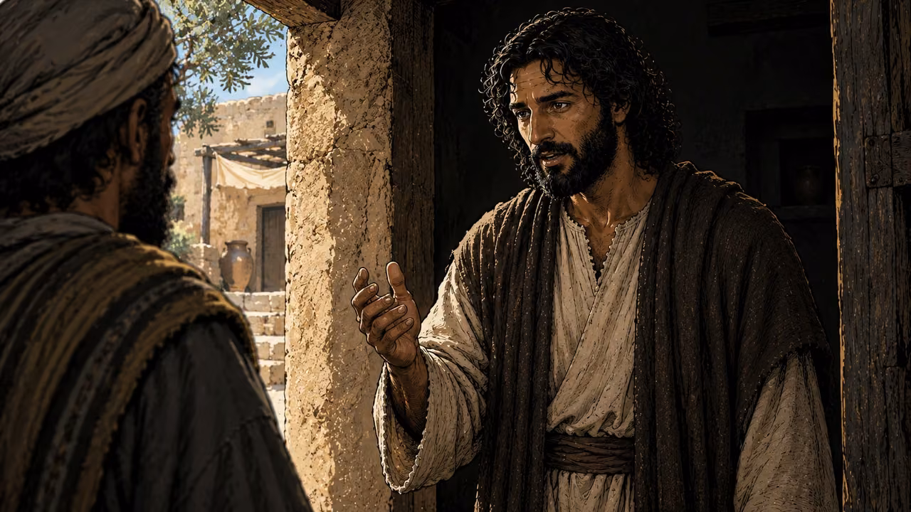 Jesus speaks from a shaded doorway with a restrained raised hand.