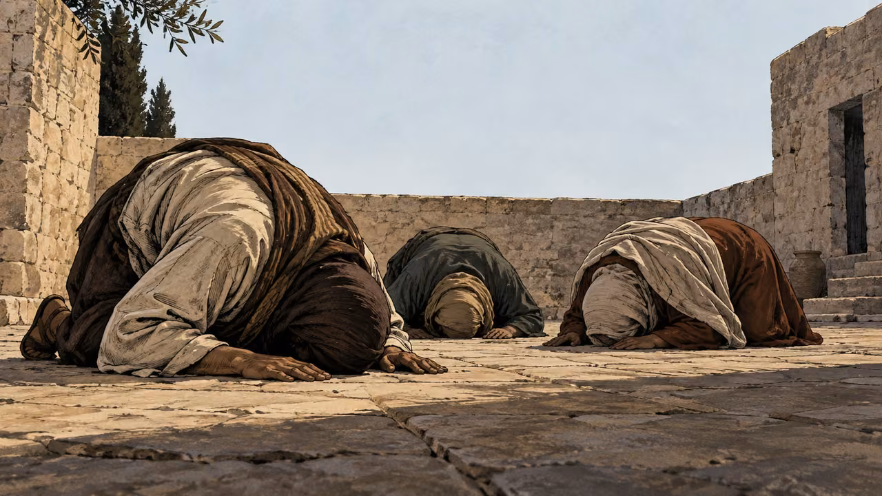 Three adults bow face-down in an empty stone courtyard.