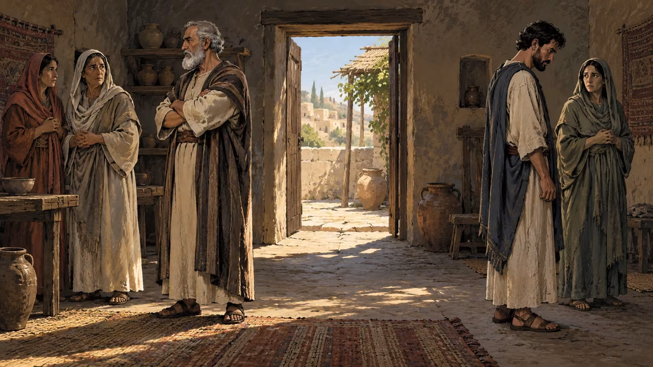 Five adults stand in separated groups of three and two inside a modest house.