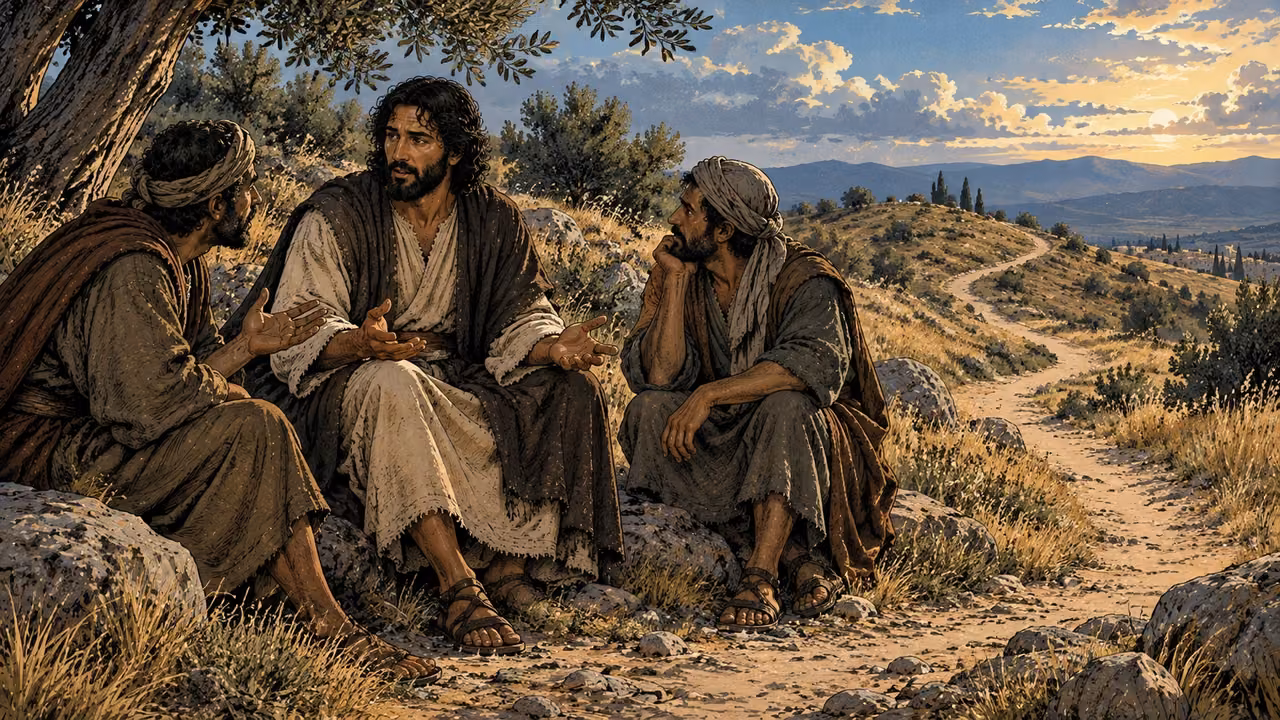 Disciples question Jesus beside a footpath that begins nearby and vanishes behind a hill.
