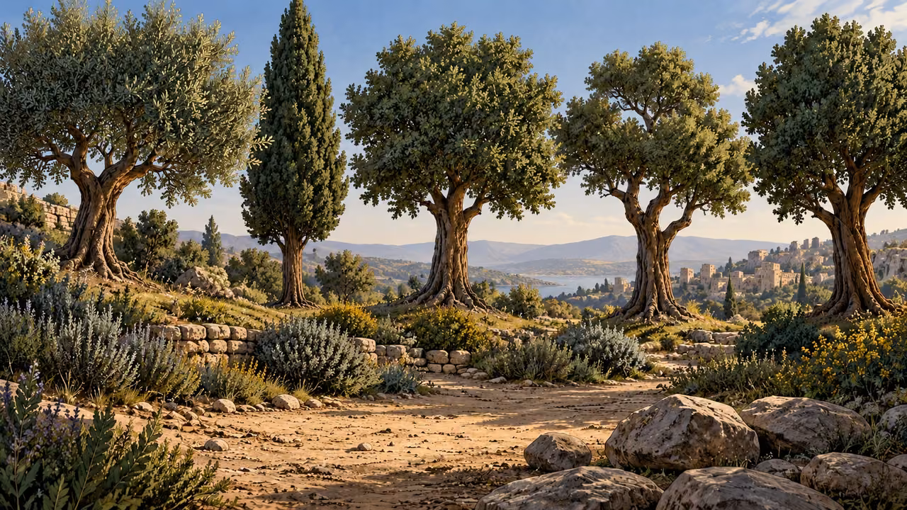 Five leafy trees stand apart in a quiet garden above ordinary foreground stones.