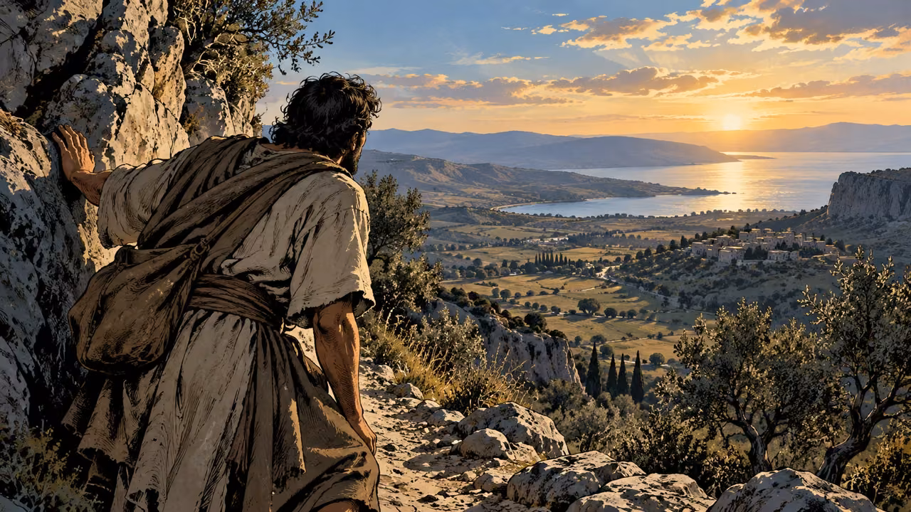 An anonymous traveler stops at a rocky opening above a broad landscape.
