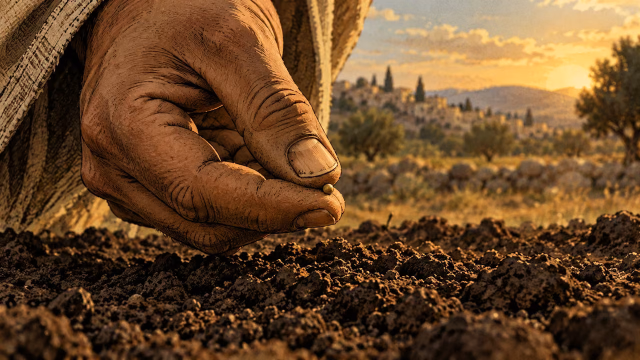 A hand holds a tiny mustard seed above worked soil.