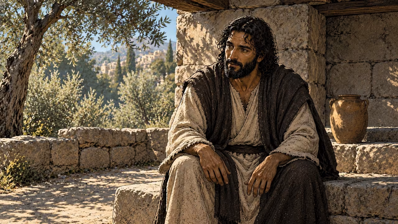 Jesus listens quietly beneath a stone lintel with his hands resting open.