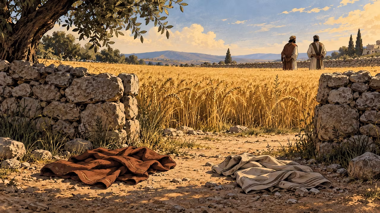 Small garments lie beside an open field entrance while distant clothed adults stand at the boundary.