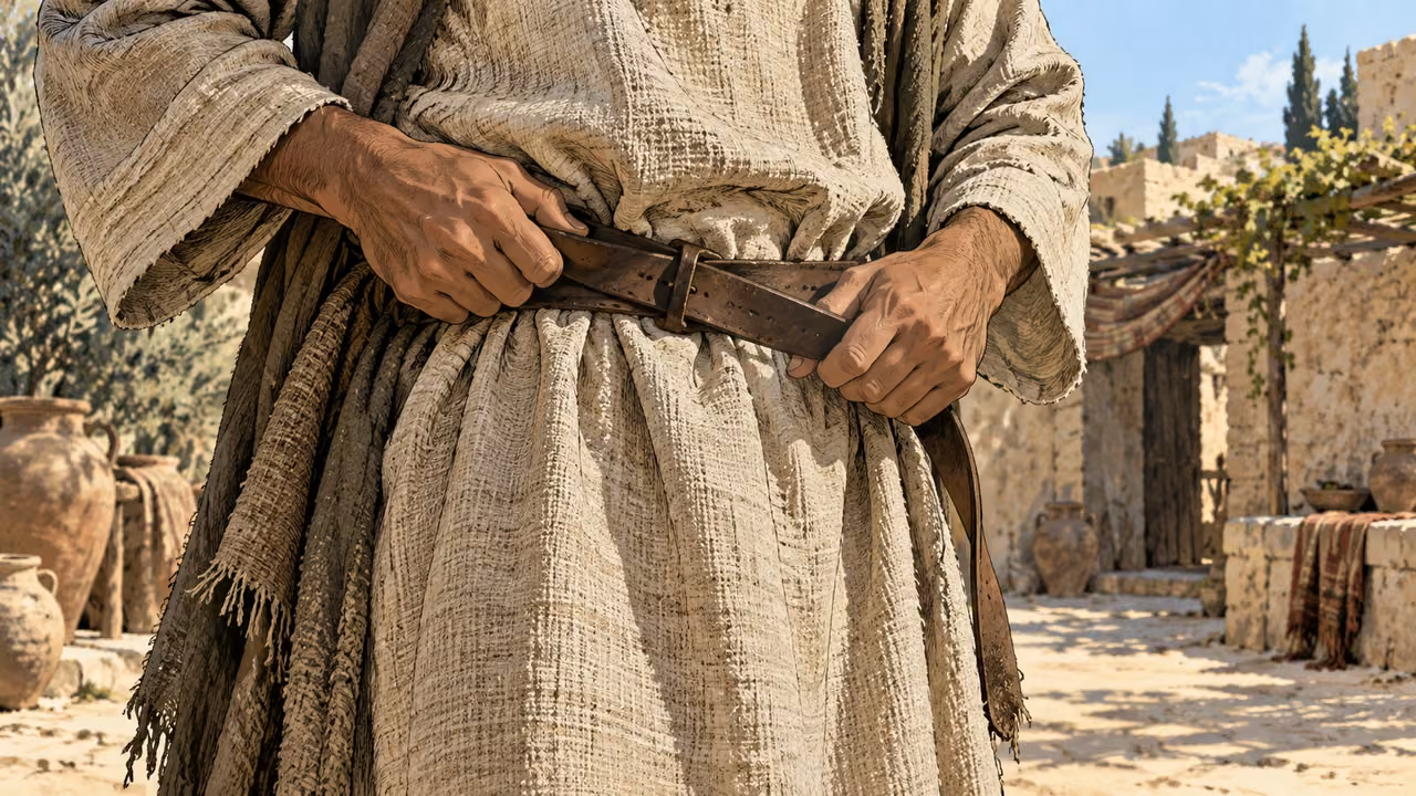 Hands tighten a belt around a travel-worn tunic.
