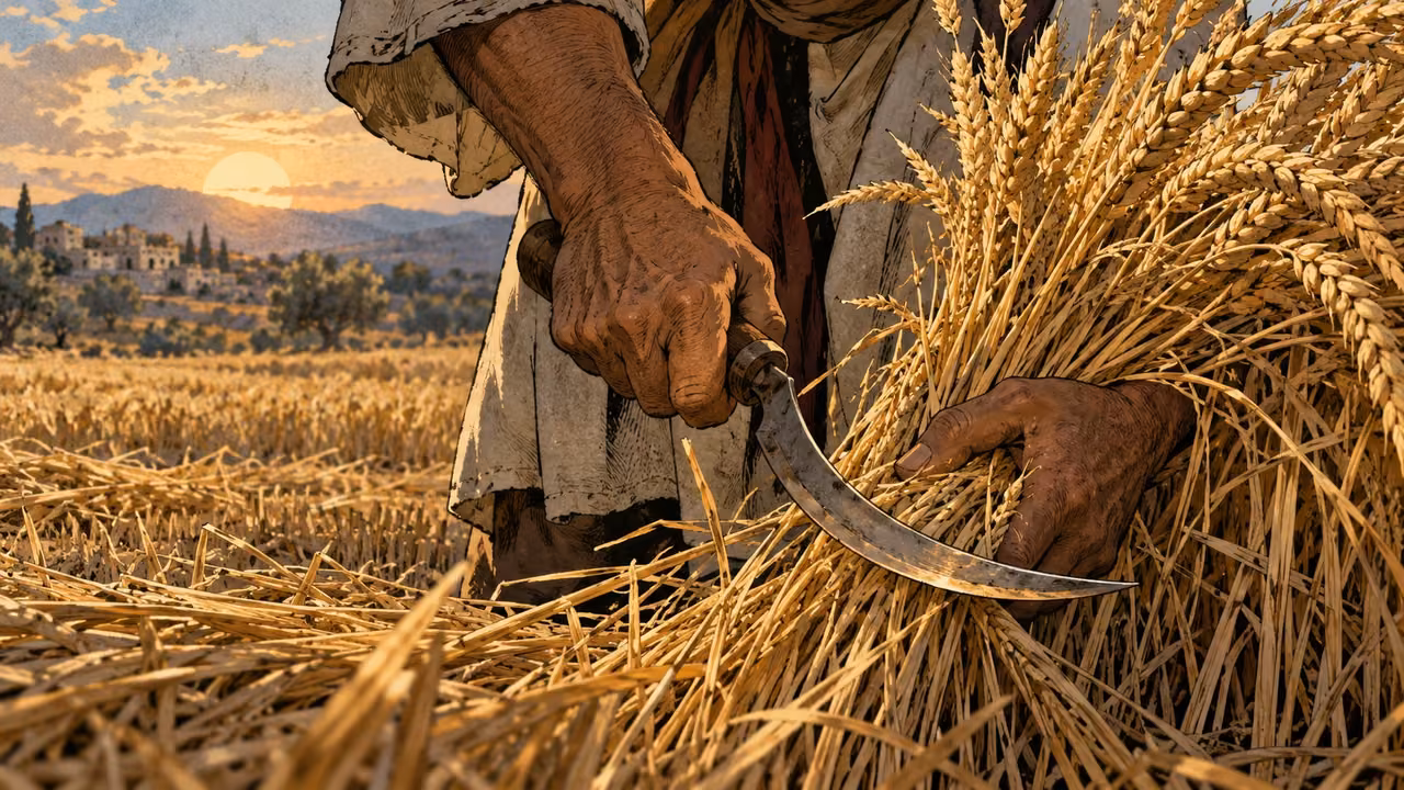 A harvester gathers ripe grain with a small sickle.