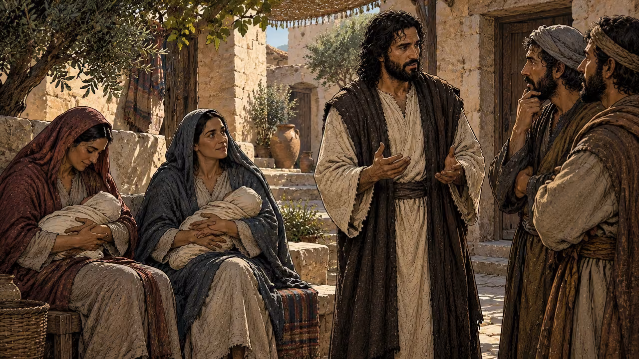 Mothers hold wrapped infants under shawls while Jesus addresses disciples nearby.