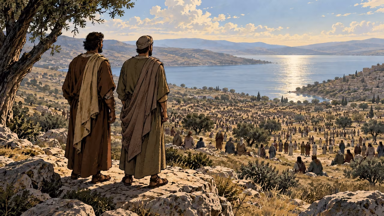 Two adults stand together in the foreground of a distant scattered gathering.