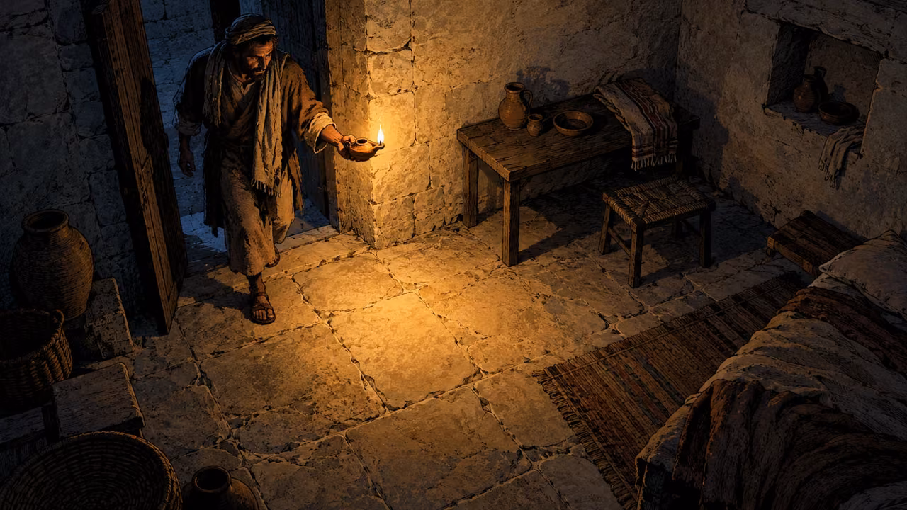 An adult carries an oil lamp from a dark doorway into a plain room.