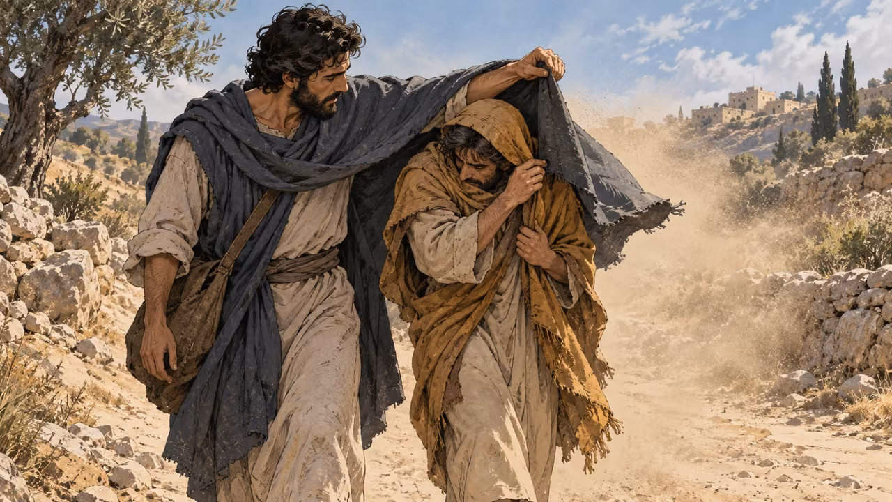 One companion holds up a cloak to shelter another from blowing dust.