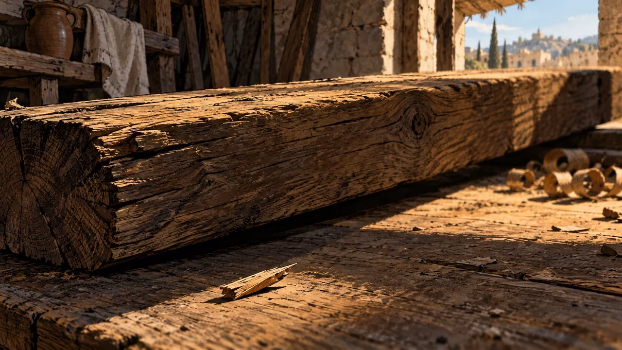 A heavy timber and its shadow dominate a tiny splinter on a rough bench.