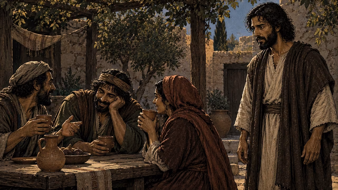 Jesus stands gravely beside people distracted by cups and conversation.