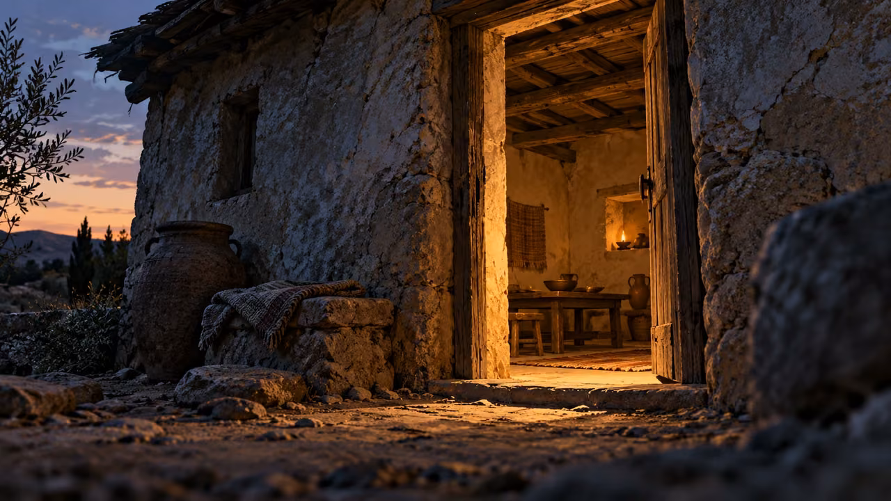 Warm lamplight fills the doorway of a rough humble dwelling.
