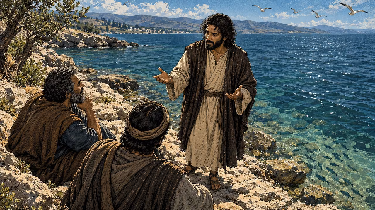 Jesus addresses listeners beside clear water with fish below and birds above.