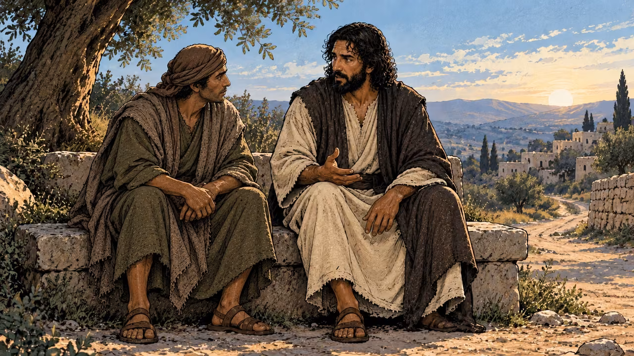 Jesus sits beside one companion on a roadside stone bench.
