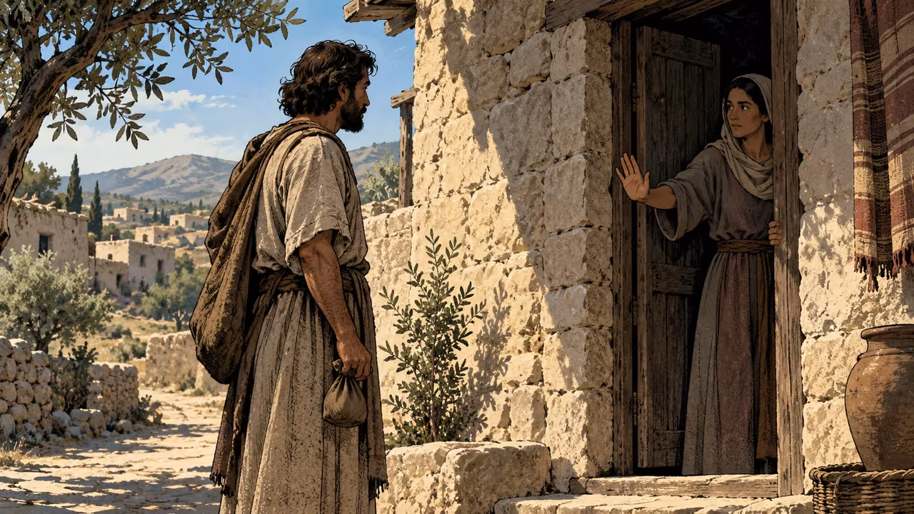 A traveler pauses outside a village doorway while a resident holds back.