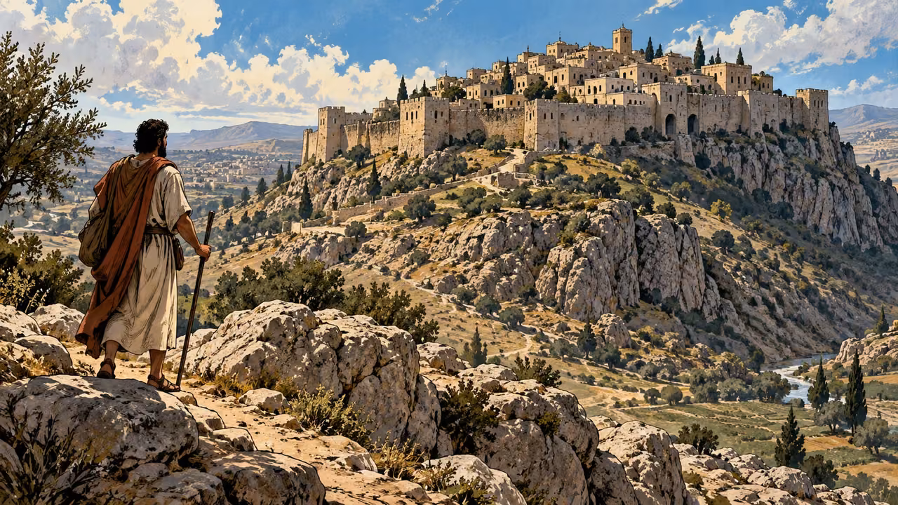 A traveler looks toward a fortified limestone city rising above a steep rocky hill.