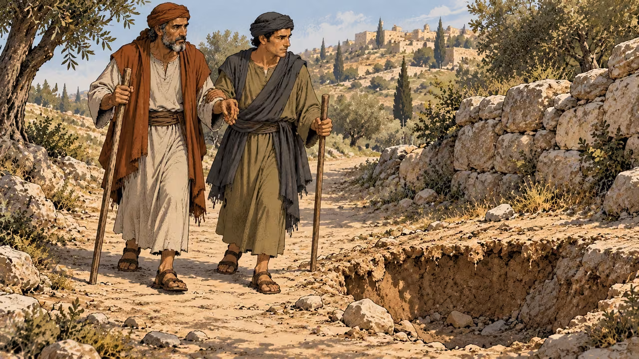 Two travelers assist one another along a path approaching a shallow excavation.