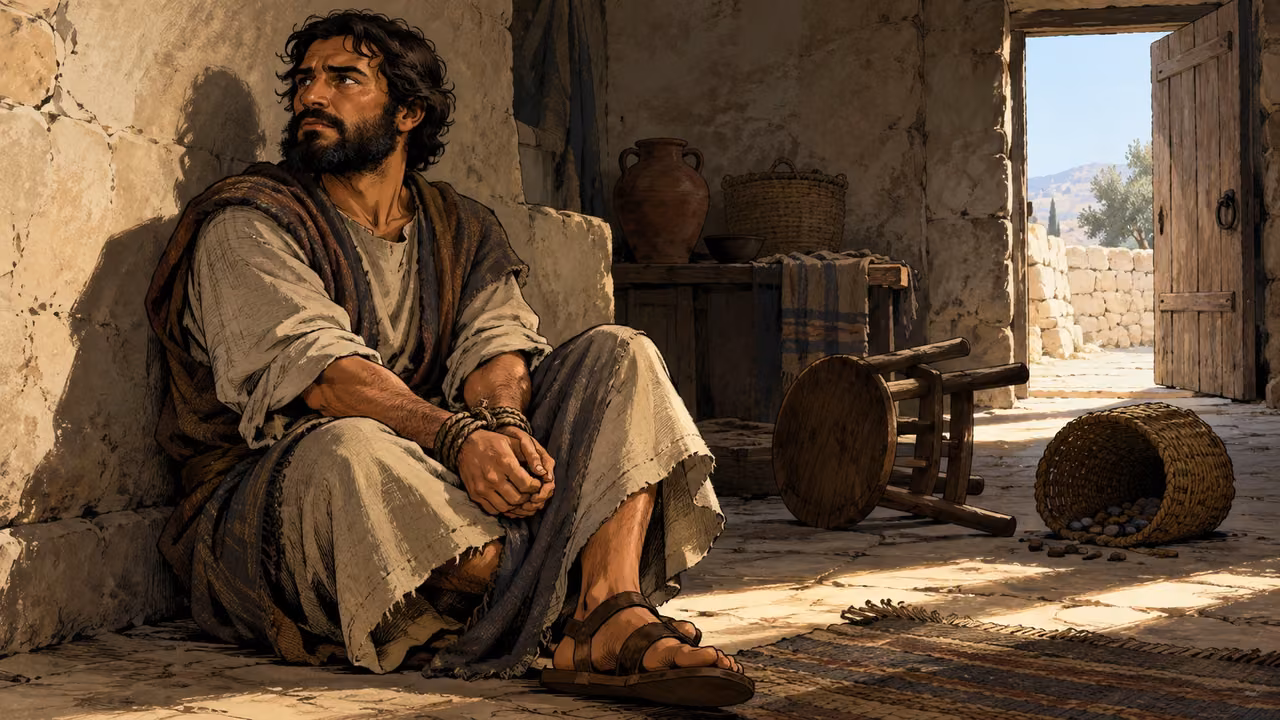 A bound adult sits beside an overturned stool and displaced household goods.