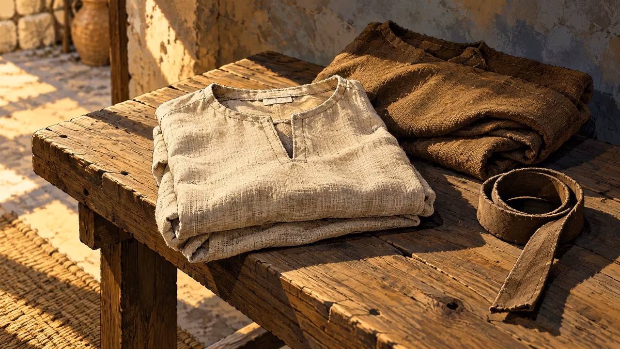 Folded plain tunics and a belt rest on a rough bench.